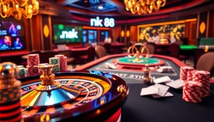 Players celebrating wins at an online casino highlighting nk 88 with poker chips and a roulette wheel.