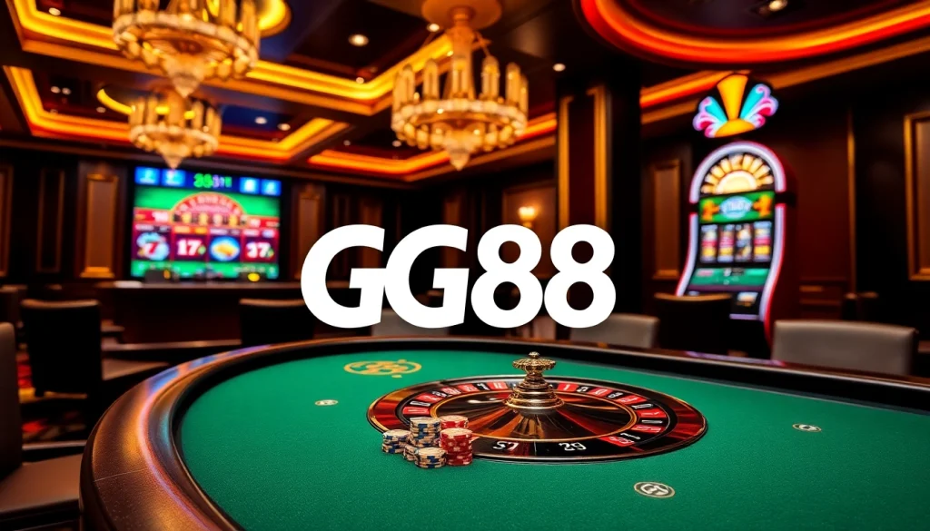 Exciting gaming experience at GG88 casino with roulette, poker chips, and vibrant slot machines.