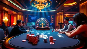 NA777 thrilling gaming experience with high-stakes poker, vibrant atmosphere, and professional players.