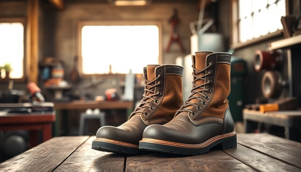 Steel Toed Boots Canada showcasing rugged design and durability on a wooden table.