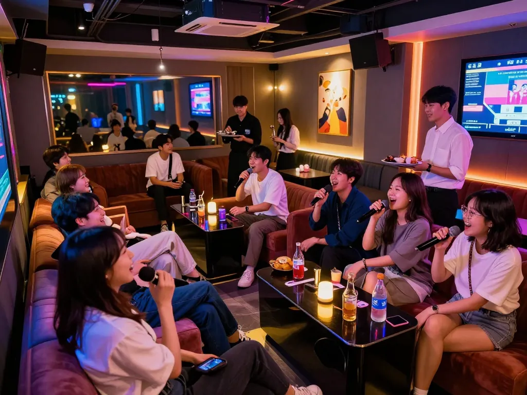 与朋友们在강남쩜오 KTV场所享受充满活力的氛围和霓虹灯