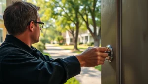 Licensed residential locksmiths in Missouri unlocking a home door with precision.