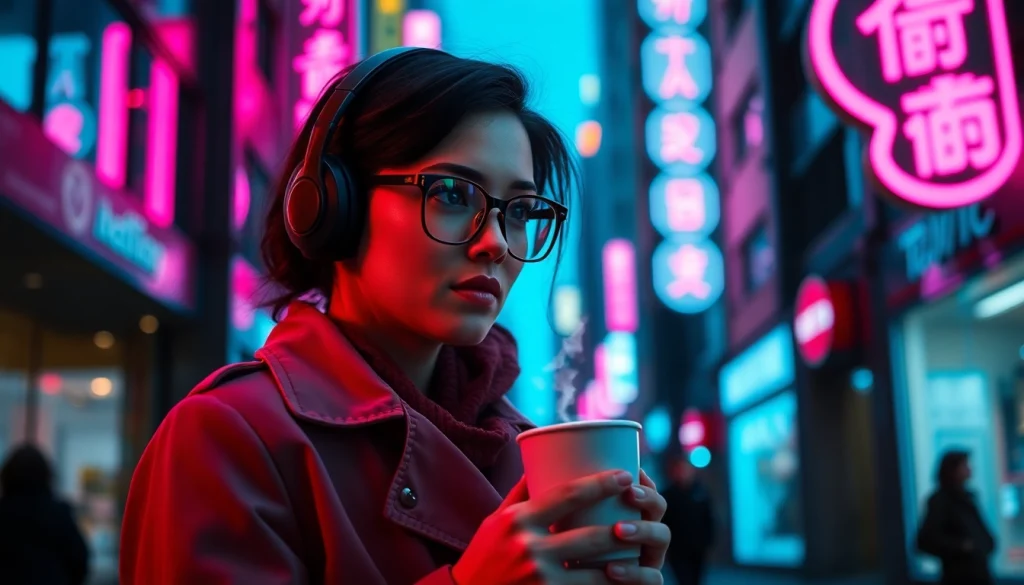 Generate an image to prompt featuring a young woman in a city at night.