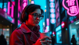 Generate an image to prompt featuring a young woman in a city at night.