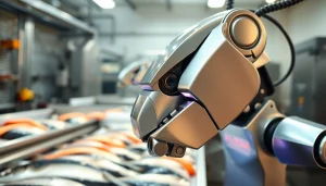 Gill cutting robot efficiently processing seafood in a high-tech facility.