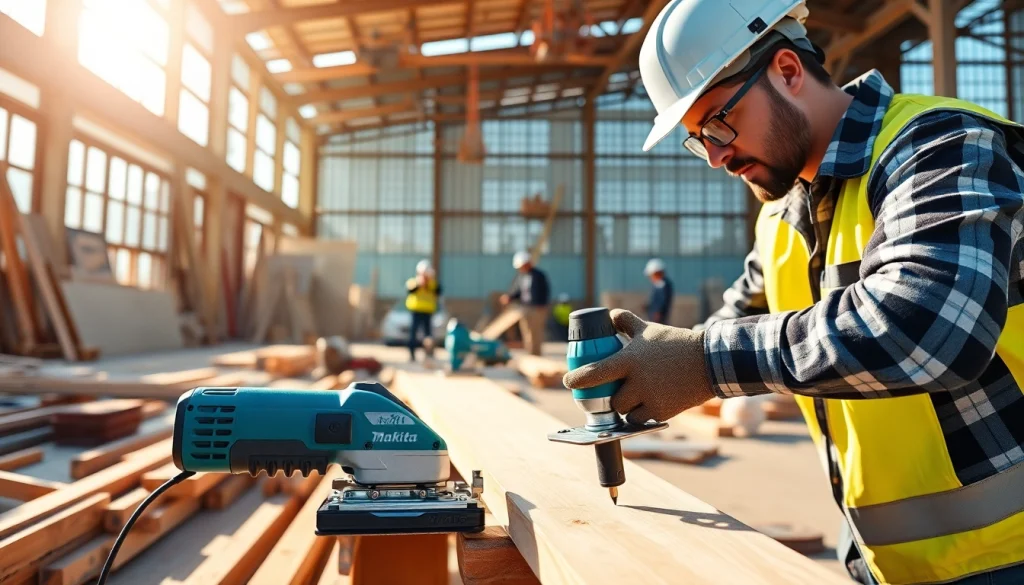 Makita Elektrowerkzeuge im Einsatz auf einer Baustelle, die ihre Präzision und Innovation hervorheben.