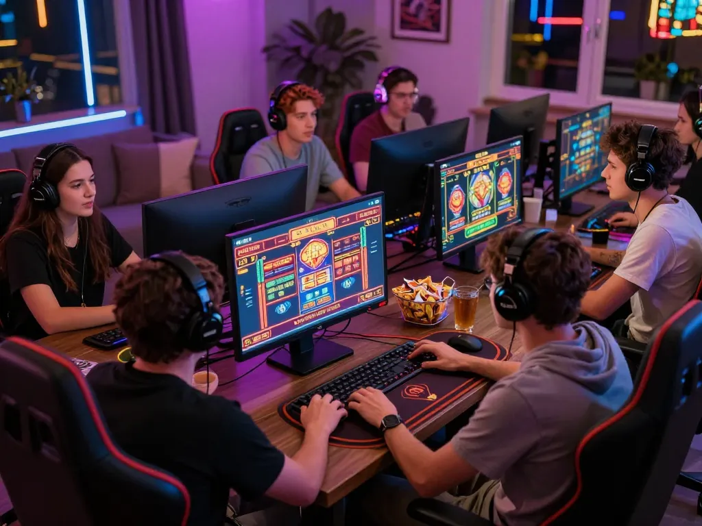 Exciting online gaming scene depicting ligasedayu with friends enjoying colorful casino gameplay.