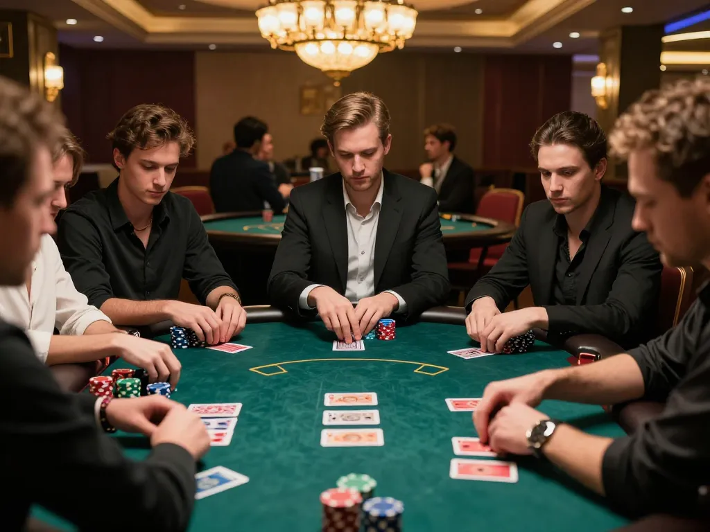 Players at a poker table strategizing in a vibrant casino atmosphere, showcasing 주소모음 of key gaming moments