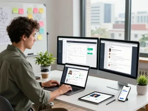 No code app builder workspace with developer designing apps, modern dual monitors, and creative tools.