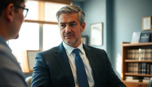 Experienced Grand Junction Personal Injury Lawyer consulting a client in a bright office.