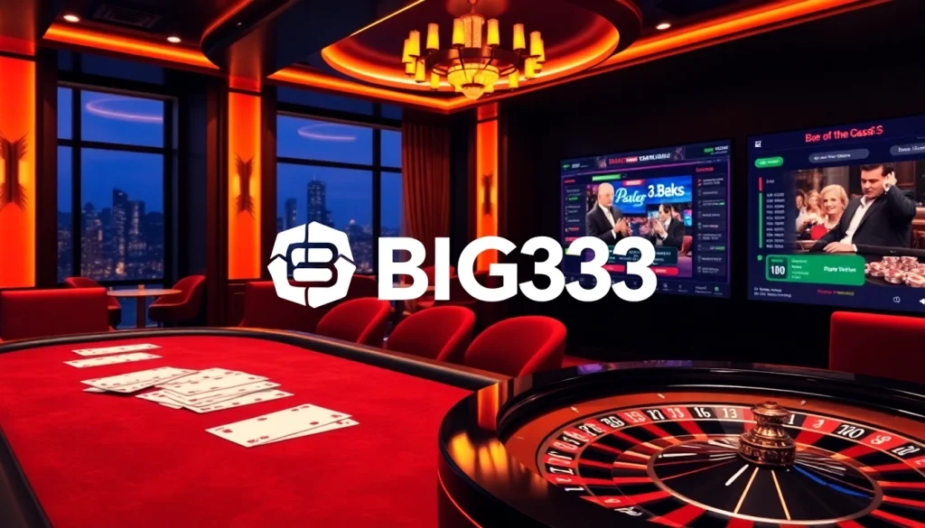 Players enjoying a high-stakes environment at BDG33 online casino, featuring poker tables and roulette wheels.