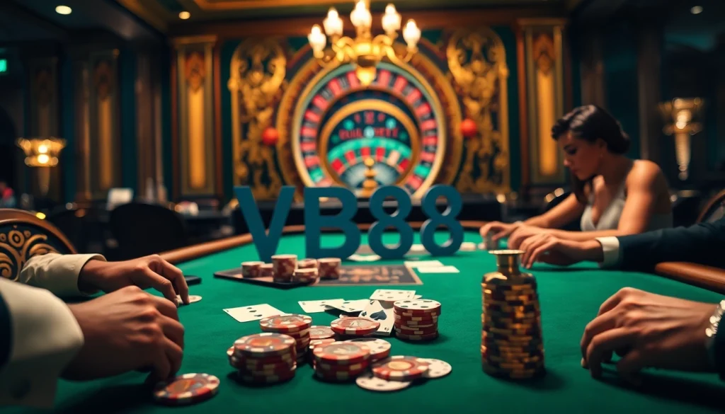 High-stakes poker game scene featuring VB88 poker chips and elegant casino decor.