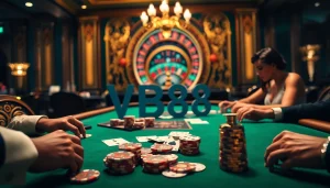 High-stakes poker game scene featuring VB88 poker chips and elegant casino decor.