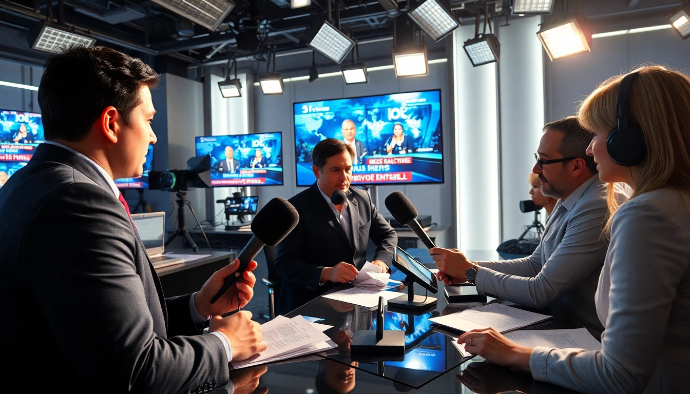 News journalist interviewing in a bustling newsroom with dynamic displays.