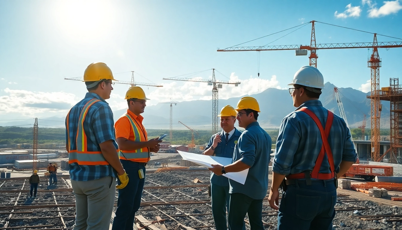 Hawaii construction news showcasing construction workers collaborating at a site under the island's sun.