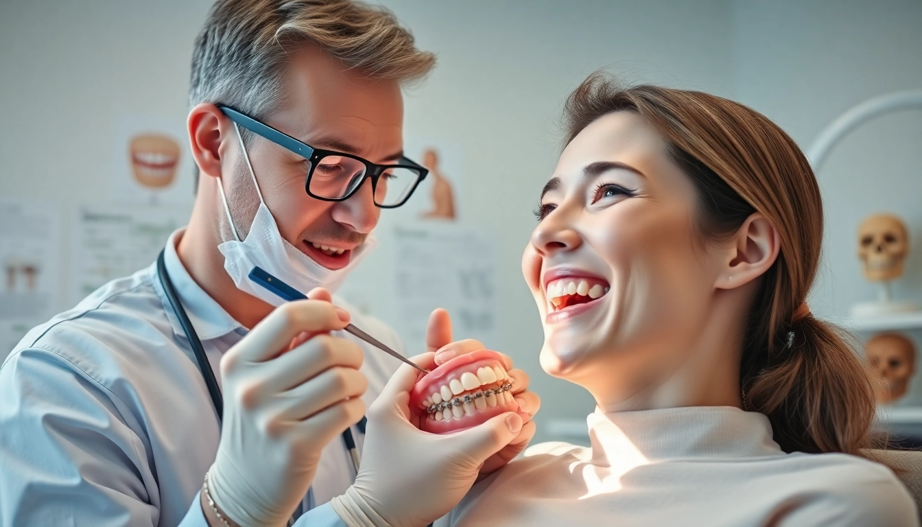 Patient receiving treatment with lingual braces inside a modern dental clinic.