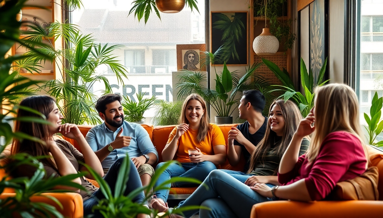Friends socializing at the Green Guyz Cannabis Club Madrid with a vibrant atmosphere.