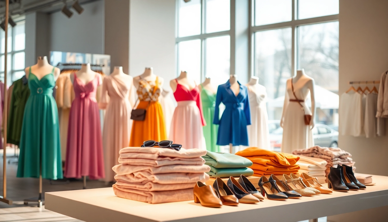 Showcase of stylish women clothing in a modern boutique, highlighting vibrant colors and elegant design.