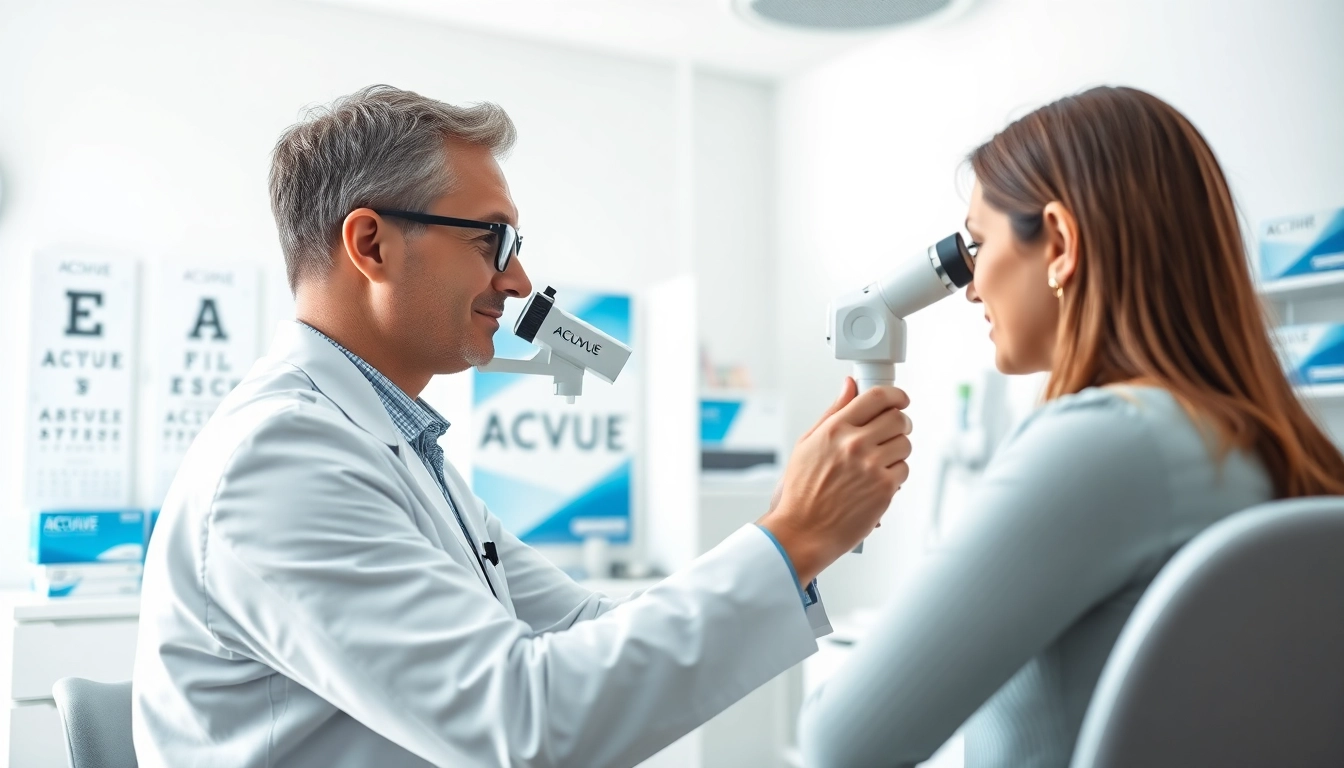 Optometrist showcasing Acuvue contact lenses during a patient consultation in a modern clinic.