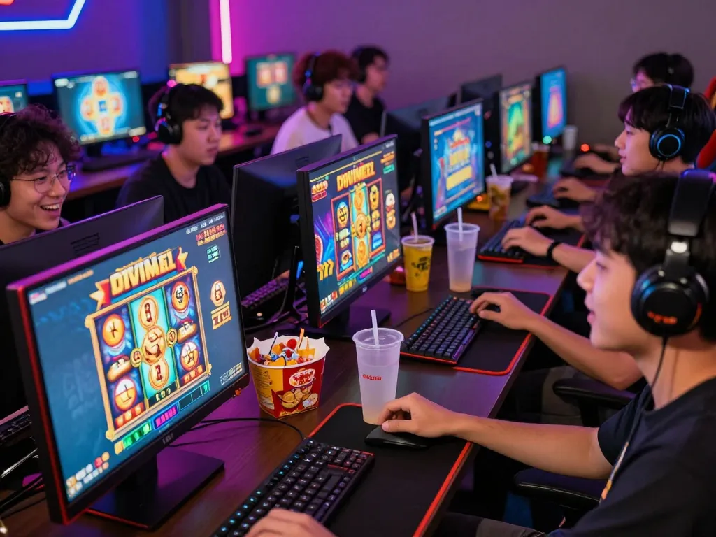Players enjoying engaging slot gacor games in a vibrant gaming room filled with colorful screens and neon lights.