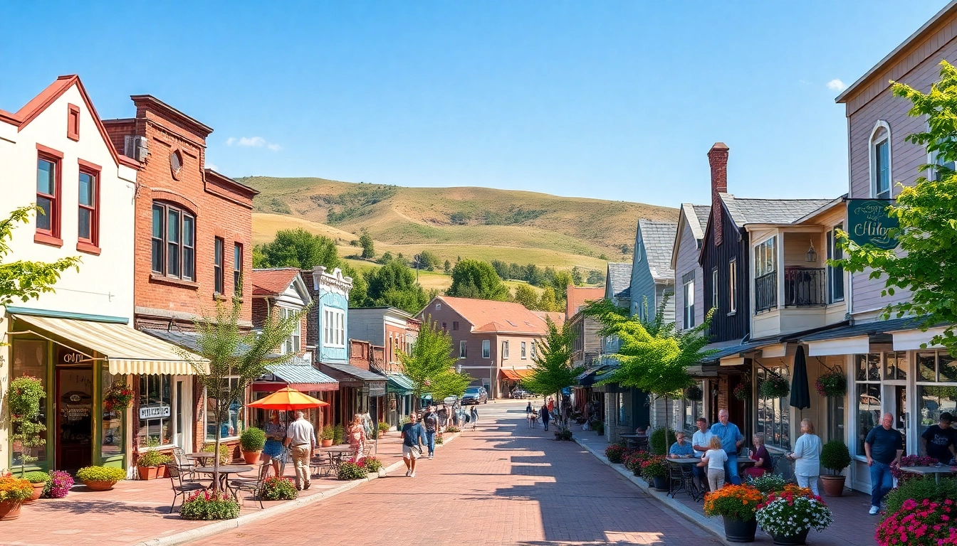 Clarksburg main street bustling with families, shops, and greenery in bright daylight.